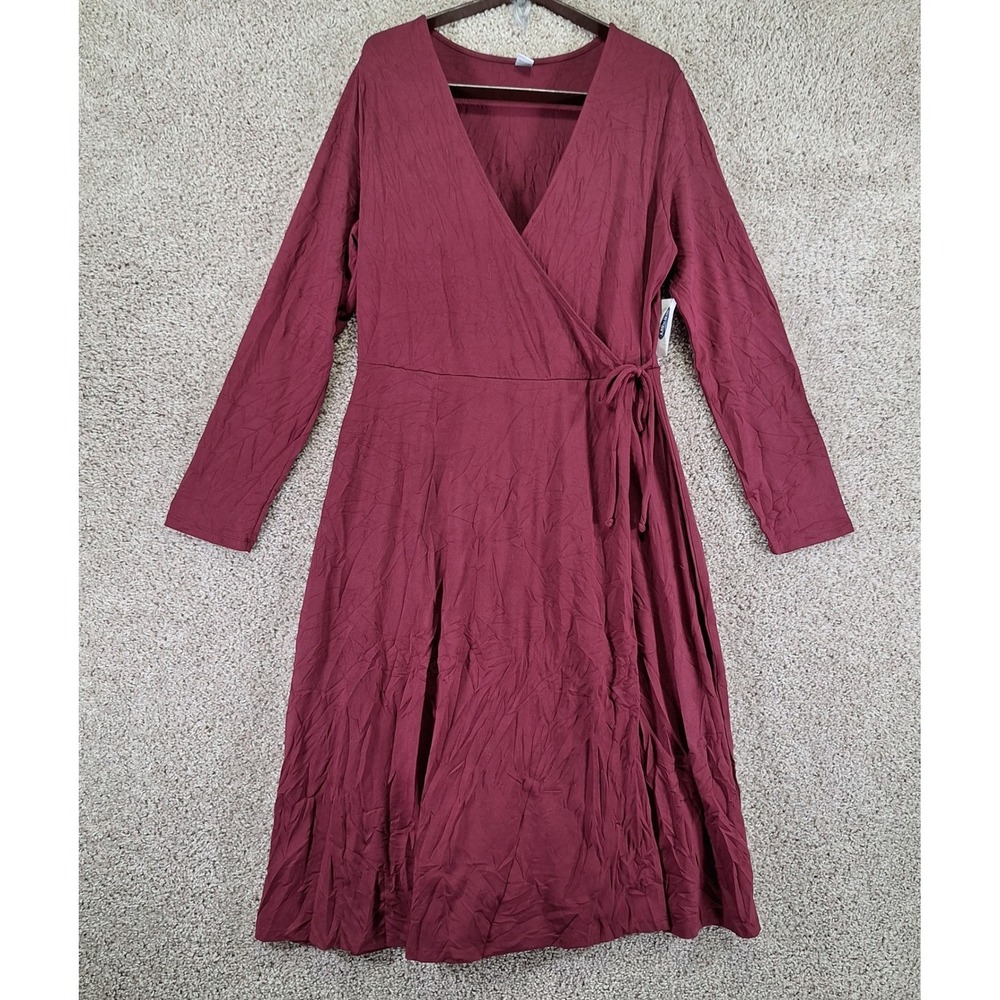 Old Navy Wrap Dress Womens Large Burgundy Long Sleeve Midi V-Neck Casual NWT
